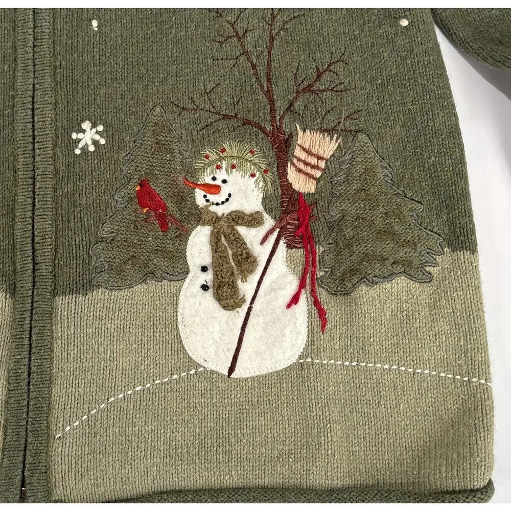 Croft & Barrow Christmas Cardigan Snowman Sweater Green MED Full Zip Grannycore